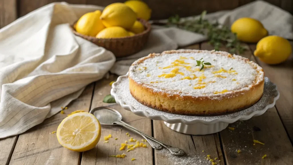 a beautifully styled photograph of a ricotta cake recipe